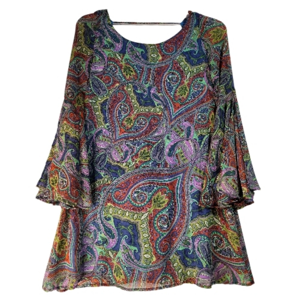 Colorful Paisley Bell Sleeve Dress Bohemian Indie Sleaze Flowy